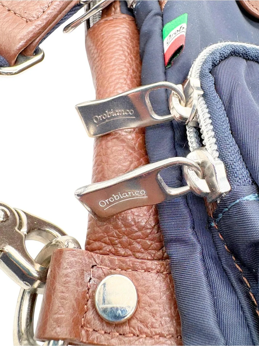 Orobianco Navy Nylon & Brown Leather Crossbody Sling Bag Made in Italy
